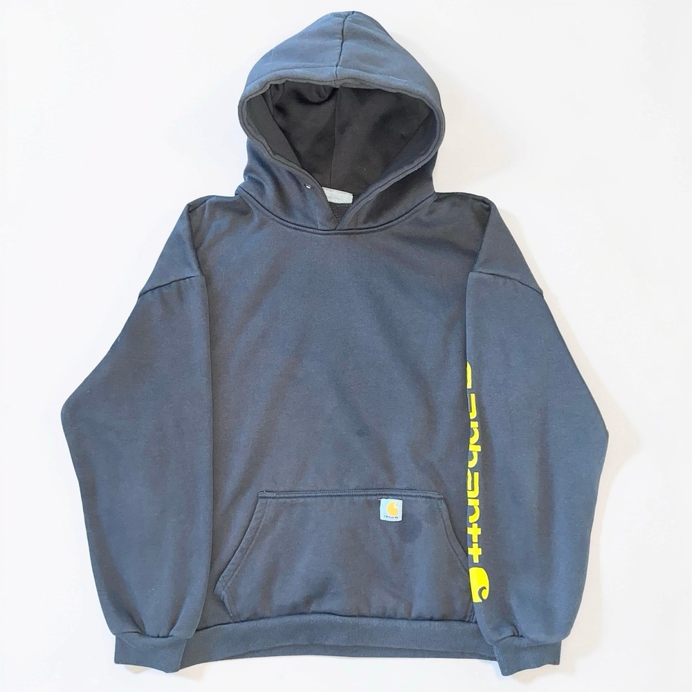 Carhartt WIP Mens L Gray Pullover Hoodie Yellow Sleeve Logo Workwear Hoodie